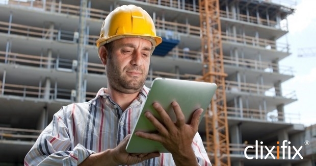builder with ipad and logo
